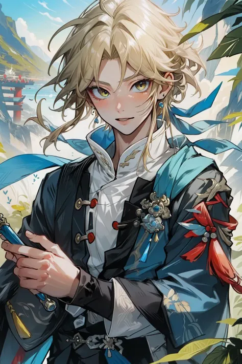 (Masterpiece:1.4), (best quality:1.2), (illustration:1.2), detailed face, <lora:Honkai_Star_Rail_Yangqing-000019:0.8>, yanqing, 1boy, androgynous, chinese clothes, blonde hair, upper body, cowboy shot