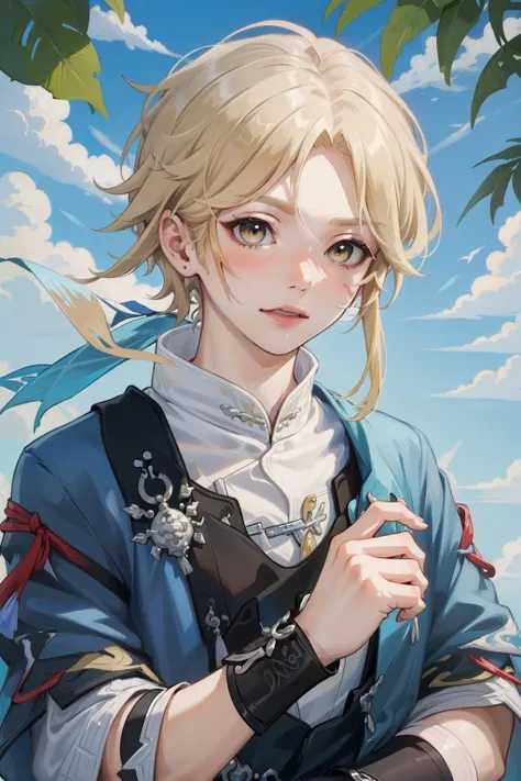 (Masterpiece:1.4), (best quality:1.2), (illustration:1.2), detailed face, <lora:Honkai_Star_Rail_Yangqing-000019:0.8>, yanqing, 1boy, chinese clothes, blonde hair, upper body, cowboy shot