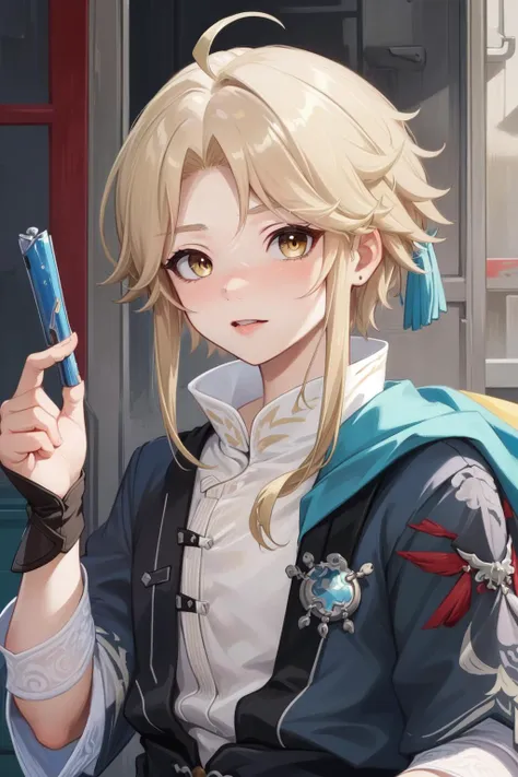 (Masterpiece:1.4), (best quality:1.2), (illustration:1.2), detailed face, <lora:Honkai_Star_Rail_Yangqing-000019:0.8>, yanqing, 1boy, androgynous, chinese clothes, blonde hair, upper body, cowboy shot