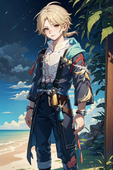 (Masterpiece:1.4), (best quality:1.2), (illustration:1.2), detailed face, <lora:Honkai_Star_Rail_Yangqing-000019:0.8>, yanqing, 1boy, chinese clothes, blonde hair, full body, cowboy shot