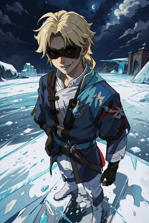 masterpiece, yanqing, 1boy, chinese clothes, blonde hair, (full body portrait), (frozen land:1.2), (horror:1.2), ice, water, dark, night, sky, clouds, (shaded face:1.3), evil smile, look down,