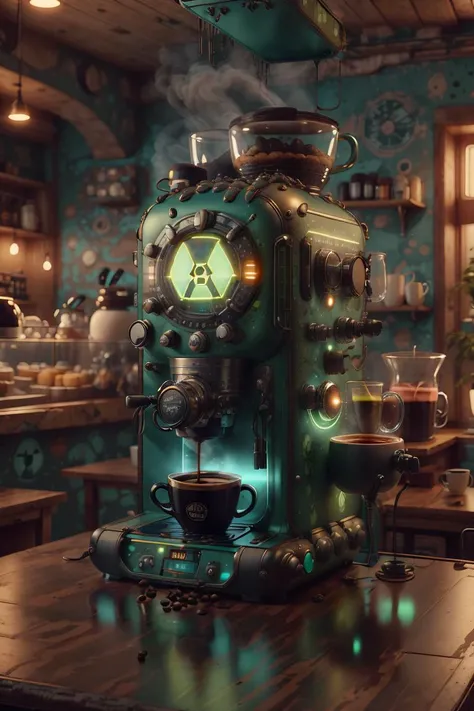 <lora:nuclearpunk-style-darquelilly-v1:1> nuclearpunk, coffee shop