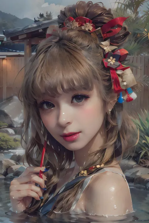 (japanese idol), (beautiful japanese girl), (realistic), (best quality), (masterpiece), (top quality), (best quality), (((best quality))), (((masterpiece))), <lora:maria:0.8>, 1girl, solo, (in water of onsen, wearing kimono)), (medium hair, brown hair, hair ornament), (thin make up), (detailed and beautifual face), looking at viewer, cinematic lighting