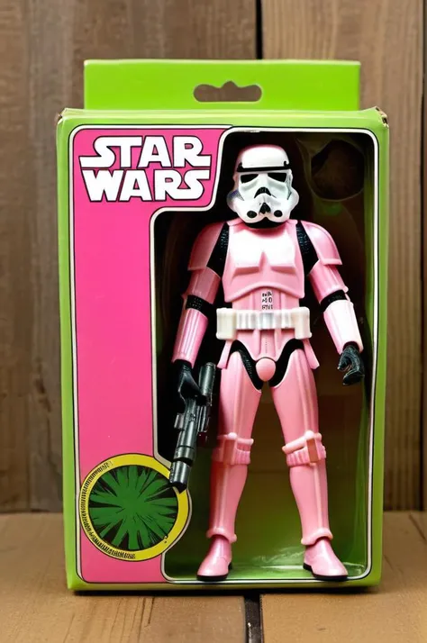 <lora:1987 Action Figure Playset Packaging:1> 1987 Action Figure Playset Packaging, a vintage action figure  of pink storm trooper, badass, action pose, in unopened green package. Photorealstic
star wars