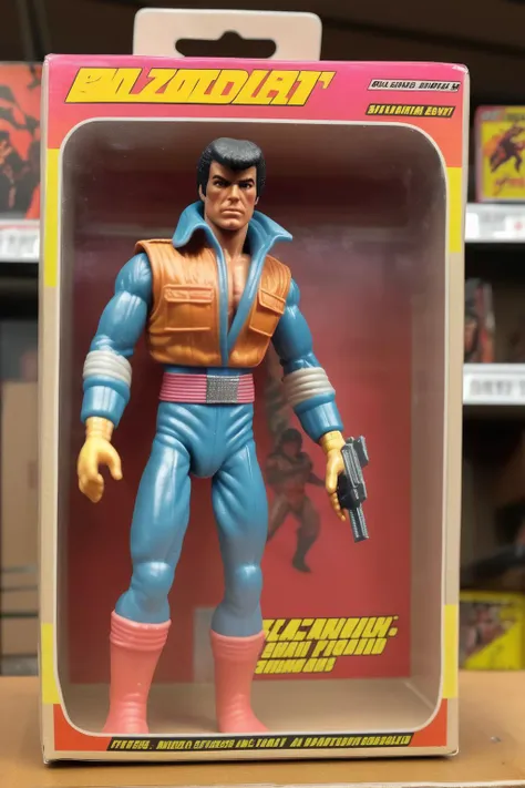 <lora:1987 Action Figure Playset Packaging:1>1987 Action Figure Playset Packaging - a 1980s action figurine still in its original packaging on a store shelf