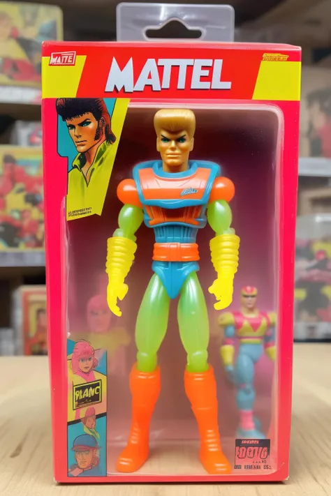 <lora:1987 Action Figure Playset Packaging:1>1987 Action Figure Playset Packaging - 90s Mattel toy action figurine in front of its box packaging clear plastic