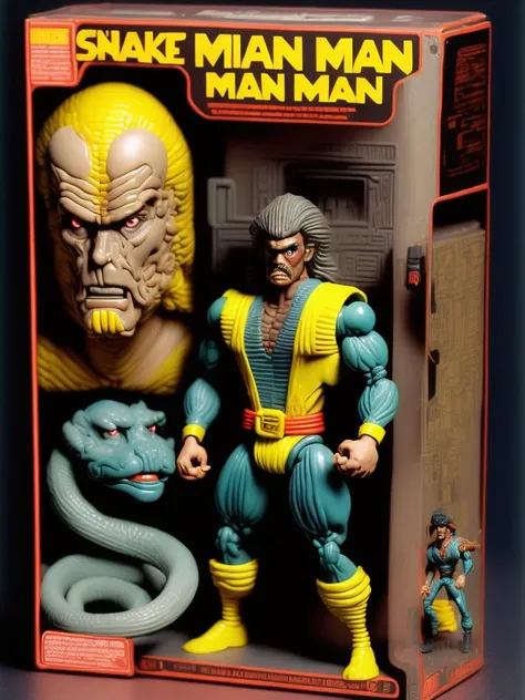 <lora:1987ActionFigurePlaysetPackaging:1>a 1986 Kenner and hasbro action figure and packaging of Snake Man, an anthropomorphic half snake multi limbed caped protector . The kenner packaging looks used.