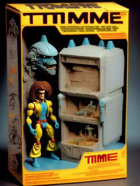 <lora:1987ActionFigurePlaysetPackaging:1>1986 Kenner Time Twister action figure playset and packaging from action figure line based on Tim Burton time travel sci-fi movie, 1986