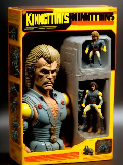 <lora:1987ActionFigurePlaysetPackaging:1>1986 Kenner action figure and packaging action figure line based on Knightriders directed by George Romero fantasy motorcycle movie, Ed Harris , 1986