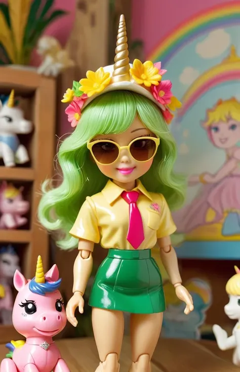 (Extreme Wide Shot), Lens Whacking Lens Flare effect, natural artificial lighting, Victorian, (flower), old Taiwanese (girl), looking away, Porcelain skin, diamond head shape, cupid's bow ordinary lips, yellow eye colour, high bridge thin nostrils nose, sunken cheeks, harm expression, laughing, Straight hair, green hair colour, Russian fur hat, Colourful Tie, thin body type, hands in pocket, Caput Mortuum Mikado Yellow, Ripped clothes, Midi Skirt, Oxfords Shoes, t-shirt saying "Unicorn-level cuteness", A smiling sun wearing sunglasses, teaching, <lora:1987 Action Figure Playset Packaging:0.8> 1987 Action Figure Playset Packaging page