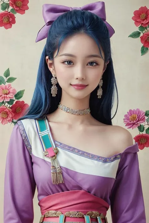 nera,(masterpiece:1.3),(best quality:1.3),{{high resolution}},{{extremely beautiful and delicate}},((blue_hair)),(pink_bow),masterpiece,best quality,nera,hair bow,bracelet,choker,earrings,long dress,sash,upper body,looking at viewer,large breasts,smile,village,autumn,hand on heart,<lora:nera-nvwls-v2:0.9>,