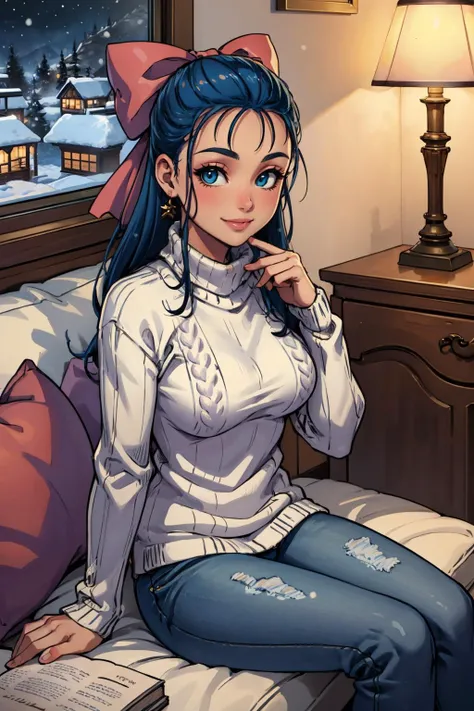 masterpiece, best quality, nera, hair bow, cable-knit sweater, jeans, snow, village, lamp, cowboy shot, looking at viewer, sitting, smile  <lora:nera-nvwls-v2-000011:0.9>