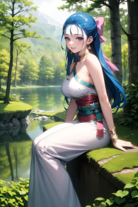 nera, (masterpiece:1.3),(best quality:1.3),{{high resolution}} ,{{extremely beautiful and delicate}}, hair bow, bracelet, choker, earrings, long dress, sash, looking at viewer, large breasts, smile, from side, forest, trees, alpine forest, beside lake