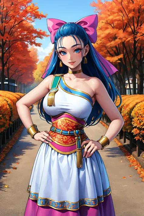 masterpiece, best quality, nera, hair bow, bracelet, choker, earrings, long dress, sash, looking at viewer, large breasts, smile, village, autumn, hands to hips <lora:nera-nvwls-v2-000011:0.9>