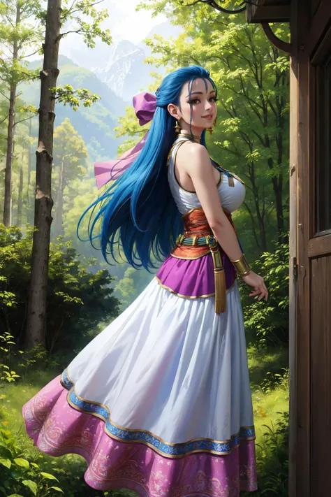 masterpiece, best quality, nera, hair bow, bracelet, choker, earrings, long dress, sash, looking at viewer, large breasts, smile, from side, forest, trees, alpine forest <lora:nera-nvwls-v2-000011:0.9>