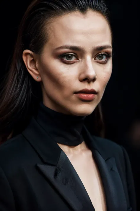A stunning intricate full color portrait of isk woman, dressed in a black tuxedo, slick back hair, epic character composition, by ilya kuvshinov, alessio albi, nina masic, sharp focus, natural lighting, subsurface scattering, f2, 35mm, <lora:add_detail:0.8> <lora:IvannaSakhno-RealVision-V1.0:1>