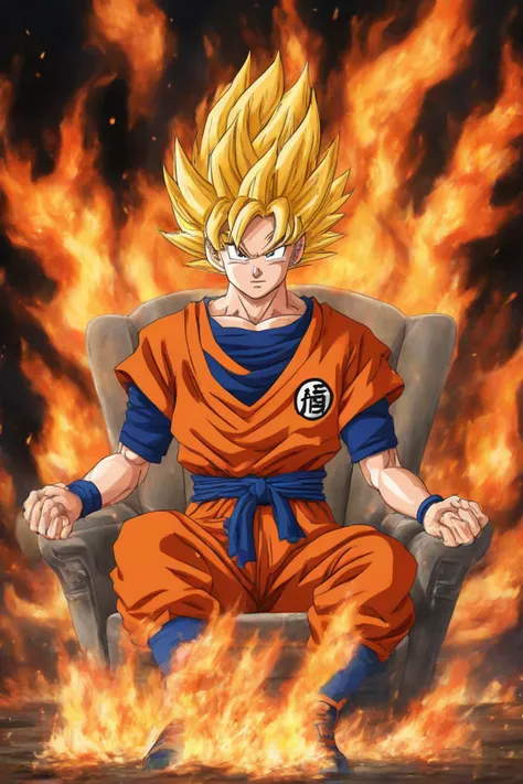 <lora:PE_SonGoku:0.8>  PESonGoku, Anime,
Sitting in Chair, on fire, flames and burning