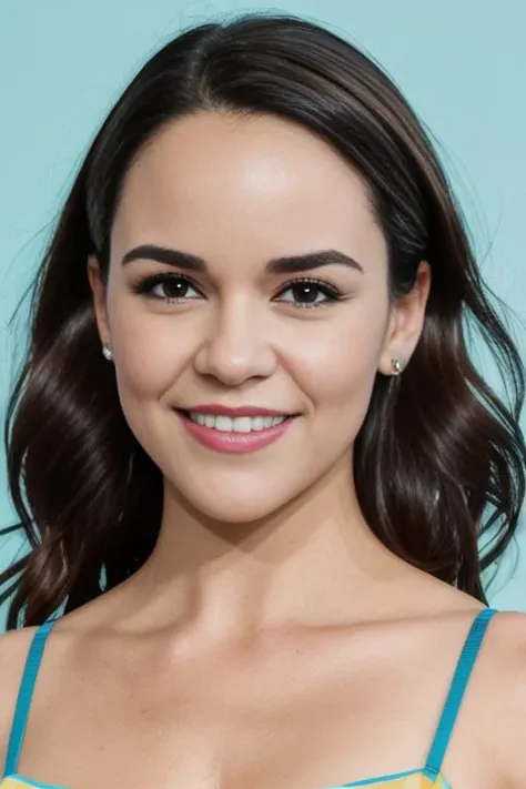 photo of a MelissaFumero1,smile, blue studio wall,  detailed face, intricate, elegant, sharp focus, photo by, soft lighting, vibrant colors, masterpiece, detailed face, beautiful ,