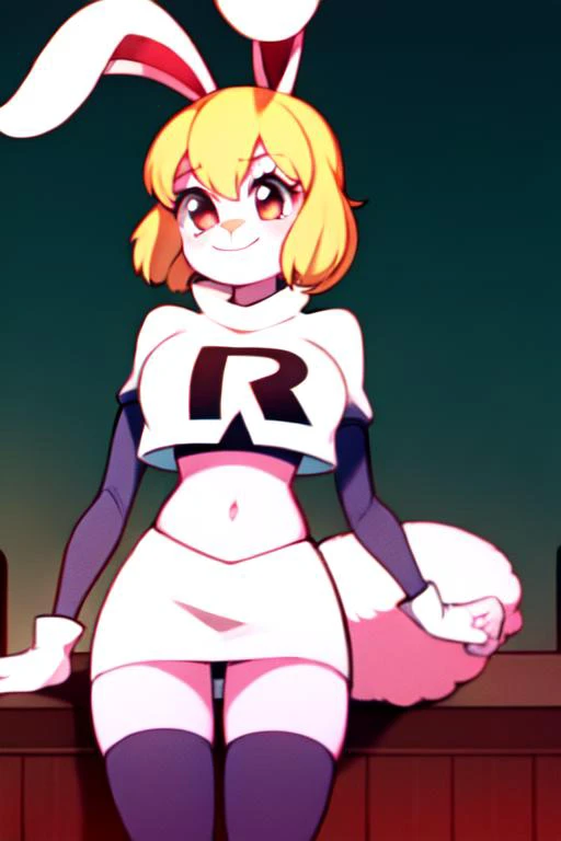 masterpiece, best quality, BREAK,
<lora:CarrotOP:1.0> , carrotop, blonde hair, animal ears, rabbit ears, rabbit girl, 1girl, furry, furry female, short hair, solo, tail, rabbit tail, smile, animal nose, red eyes, body fur, brown eyes, BREAK,
<lora:team-rocket-uniform-08:1> , team rocket uniform, white jacket, white skirt, thighhigh boots, midriff, clothes writing, red letter "R"