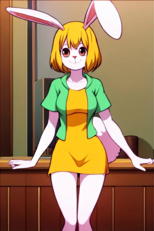 masterpiece, best quality, BREAK, <lora:CarrotOP:1.0> , carrotop, blonde hair, animal ears, rabbit ears, rabbit girl, 1girl, furry, furry female, short hair, solo, tail, rabbit tail, smile, animal nose, red eyes, body fur, brown eyes