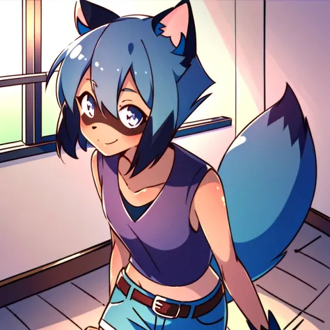 <lora:Michiru-LoRA:1> michiru_kagemori, michiru, furry, anthro, (facial_mark:0.5), solo, smile, looking_at_viewer, short_hair, indoors, belt, dark_skin