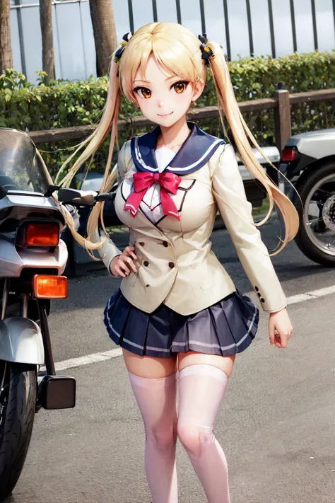 (masterpiece, best quality:1.2), <lyco:bakuon_suzunoki-10:1.0>, solo, 1girl, suzunoki rin, smile, looking at viewer, ground vehicle, motorcycle, twintails, hair bell, school uniform, serafuku, skirt, pink thighhighs