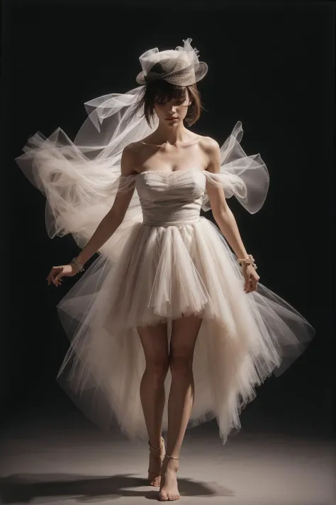 1girl, photo of a stunning woman, middle age, medium brown hair, hair over eyes, covered eyes, blunt bangs, <lora:curly_hair_slider_v11:-2>, wearing p1nkund3r, bare shoulders, strapless dress, fluffy dress, floating dress, floating clothes,<lora:p1nkund3r:0.5>, cleavage, charm bracelet, boater hat, Fill Light, <lora:light and shadow art:1>,heibaidiao, silhouette, light and shadow, <lora:AnimeLeges:0.6> (legs:1.3)