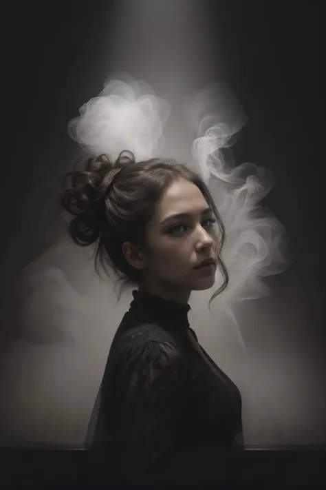 from side, photo of a beautiful woman, thick lips, grey eyes, smoky eye makeup, fantasy,<lora:FantasyWorld:0.8>, Fog,<lora:light and shadow art:1> ,heibaidiao, silhouette, light and shadow