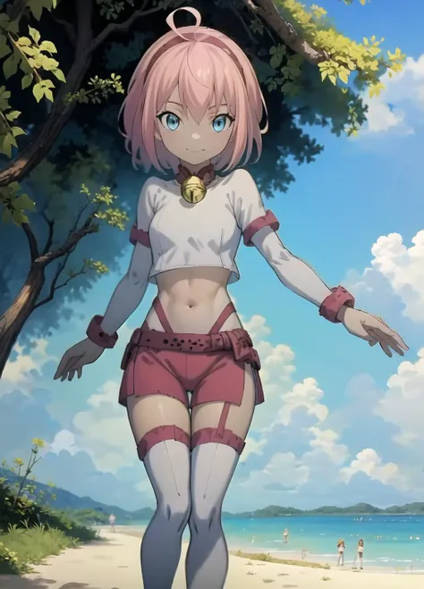 masterpiece,best quality,official art,extremely detailed CG unity 8k wallpaper,pink short hair,1girl, bell, pink_hair, blue_eyes, solo, thighhighs, wristband,<lora:Masterpiace:0.8>,outdoors,crop top only, pink stocking , straight-on, <lyco:GoodHands-beta2:0.8 >, <lora:add_detail:0.6>,light smile, beach,ahoge,full body, standing, <lora:xiaomei1:1>