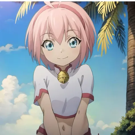 masterpiece,best quality,official art,extremely detailed CG unity 8k wallpaper,pink short hair,1girl, bell, pink_hair, blue_eyes, solo, thighhighs, wristband,<lora:Masterpiace:0.3>,outdoors,crop top only, pink stocking , straight-on, <lyco:GoodHands-beta2:0.8 >, <lora:add_detail:0.8>,light smile, beach,ahoge, <lora:xiaomei:1>,upper body, no bell, face only, detail face