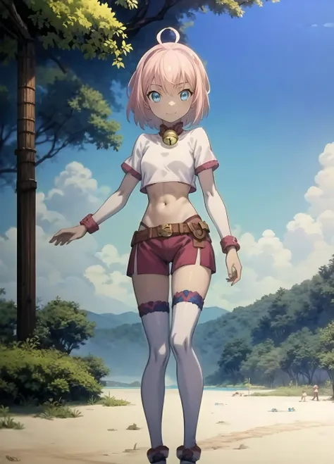 masterpiece,best quality,official art,extremely detailed CG unity 8k wallpaper,pink short hair,1girl, bell, pink_hair, blue_eyes, solo, thighhighs, wristband,<lora:Masterpiace:0.8>,outdoors,crop top only, pink stocking , straight-on, <lyco:GoodHands-beta2:0.8 >, <lora:add_detail:0.8>,light smile, beach,ahoge, <lora:xiaomei:1>,full body, standing,