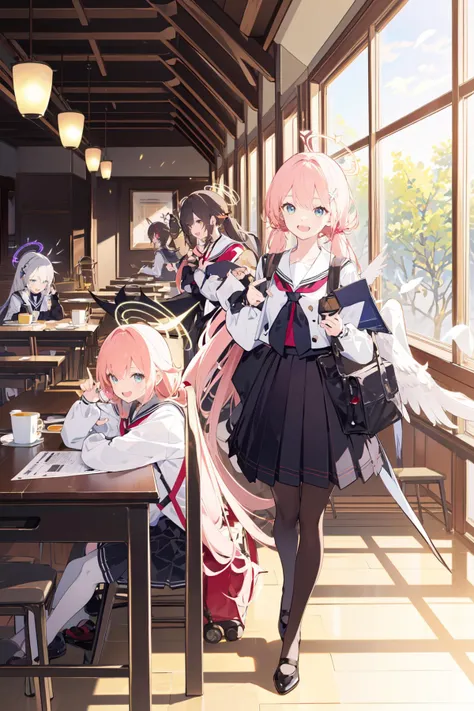 -hifumi (blue archive), multiple girls, halo, koharu (blue archive), weapon, rifle, gun, assault rifle, pink hair, azusa (blue archive), wings, school uniform, sitting, long hair, twintails, table, pantyhose, 5girls, low wings, bag, head wings, bullpup, hat, low twintails, skirt, indoors, 6+girls, light brown hair, shoes, window, hair ornament, cup, feathered wings, restaurant, serafuku, sailor collar, black hair, open mouth, smile, m4 carbine, submachine gun,blue archive,<lora:blue archive-000018:0.8>,