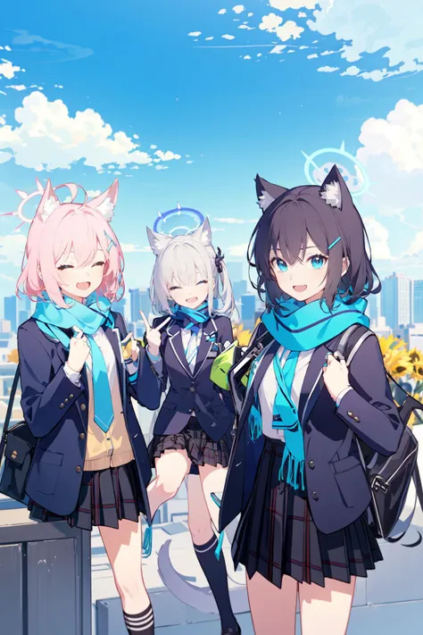 -shiroko (blue archive), hoshino (blue archive), multiple girls, nonomi (blue archive), animal ears, halo, 5girls, weapon, skirt, sig sauer, scarf, jacket, gun, assault rifle, school uniform, pink hair, necktie, outdoors, closed eyes, gloves, rifle, shirt, animal ear fluff, sitting, long hair, sky, hair ornament, socks, id card, black hair, blue eyes, plaid skirt, grey hair, bag, blue scarf, ahoge, cat ears, smile, short hair, open jacket, white shirt, plaid, school bag, open clothes, cross hair ornament, kneehighs, cloud, blue necktie, extra ears, pleated skirt, open mouth, twintails, blazer, blue jacket, mismatched pupils, wolf ears, long sleeves, fingerless gloves, shotgun, striped scarf, collared shirt, black gloves, cityscape, day, shirt tucked in, city, bangs, blue sky, fang,blue archive,<lora:blue archive-000018:0.8>,