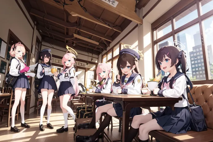 -hifumi (blue archive), multiple girls, halo, koharu (blue archive), weapon, rifle, gun, assault rifle, pink hair, azusa (blue archive), wings, school uniform, sitting, long hair, twintails, table, pantyhose, 5girls, low wings, bag, head wings, bullpup, hat, low twintails, skirt, indoors, 6+girls, light brown hair, shoes, window, hair ornament, cup, feathered wings, restaurant, serafuku, sailor collar, black hair, open mouth, smile, m4 carbine, submachine gun,blue archive,<lora:blue archive-000018:0.8>,