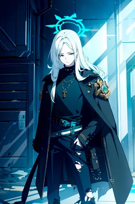 <lora:blue archive:0.8> blue archive, mechanical halo,, ultra detailed, masterpiece, best quality, solo, 1boy, teal eyes, <lora:Tsurime3:1>, (tsurime:1.2), parted bangs, white hair, medium hair, straight hair, shoulder-length hair, male focus, coat, shirt, pants, studded belt, multiple belts, combat boots, torn clothes, necklace, black coat, black and green theme,