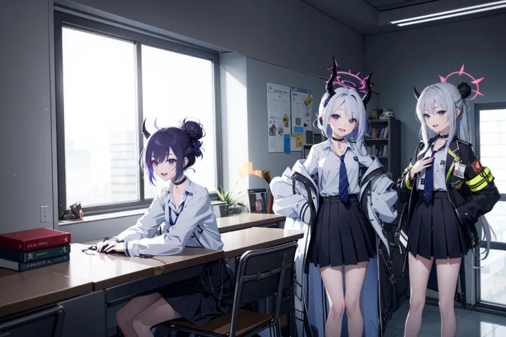 -multiple girls, horns, 2girls, long hair, halo, necktie, shirt, clothes around waist, skirt, sitting, short hair, jewelry, tail, sleeves rolled up, demon horns, window, jacket, grey hair, bracelet, smile, looking at another, necklace, hair bun, demon tail, very long hair, purple eyes, black skirt, open mouth, loose necktie, school uniform, indoors, choker, gloves, black shirt,blue archive,<lora:blue archive-000018:0.8>,