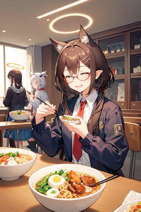 -shiroko (blue archive), multiple girls, 2girls, halo, noodles, animal ears, ramen, glasses, chopsticks, pointy ears, necktie, school uniform, food, hair ornament, grey hair, blue eyes, closed eyes, extra ears, holding chopsticks, brown hair, jacket, short hair, eating, smile, table, blue necktie, holding, restaurant, red-framed eyewear