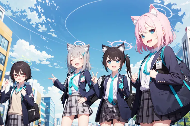 -multiple girls, shiroko (blue archive), halo, hoshino (blue archive), animal ears, nonomi (blue archive), skirt, long hair, gloves, school uniform, jacket, blue eyes, ahoge, black hair, 5girls, outdoors, twintails, glasses, pink hair, plaid skirt, scarf, sky, necktie, cat ears, hair ornament, bag, cloud, id card, smile, animal ear fluff, closed eyes, plaid, building, grey hair, red eyes, shirt, short hair, cross hair ornament, extra ears, open jacket, pleated skirt, open mouth, sitting, city, mismatched pupils, school bag, fang, open clothes, day, sig sauer, blazer, very long hair, power lines, blue necktie,blue archive,<lora:blue archive-000018:0.8>,