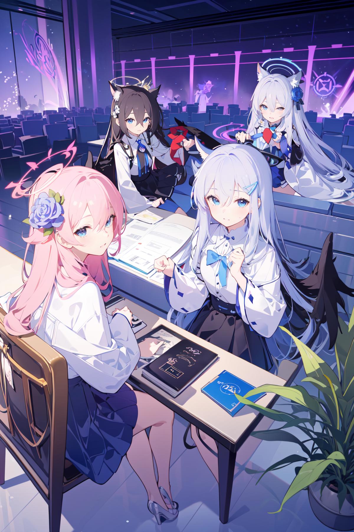 Anime girls sitting at a table with a laptop and a plant - SeaArt AI