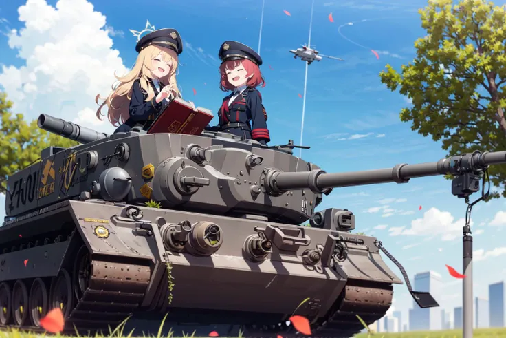 -multiple girls, ground vehicle, military, hat, tank, 2girls, military hat, motor vehicle, halo, outdoors, blonde hair, necktie, armband, sky, red hair, book, military vehicle, military uniform, uniform, long hair, day, cloud, jacket, blurry, sleeves past wrists, peaked cap, blue sky, open mouth, smile, yellow eyes, long sleeves, black headwear, shirt, building, red necktie, bangs, holding book, depth of field, sleeves past fingers, military jacket, black jacket, holding, collared shirt, blurry foreground, tree, wavy hair, petals, closed eyes, caterpillar tracks,blue archive,<lora:blue archive-000018:0.8>,