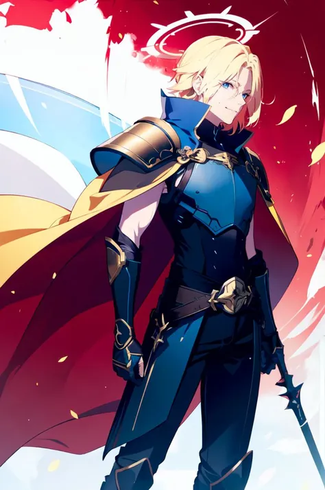 ultra detailed, masterpiece, best quality, solo, smile, red theme, 1boy, blue eyes, medium blonde hair, parted bangs, hair intakes, male focus, muscular male, armor, pauldrons, cuirass, gauntlets, waist cape, greaves, black bodysuit, surcoat, shoulder sash, wing shoulder armor, cape, pants,
