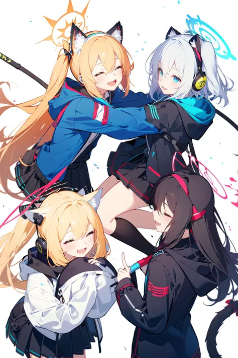 -aris (blue archive), multiple girls, momoi (blue archive), midori (blue archive), halo, animal ear headphones, long hair, 4girls, animal ears, cat ear headphones, blonde hair, jacket, tail, fake animal ears, red hair, closed eyes, skirt, bow, black hair, black hairband, hair bow, siblings, very long hair, white background, headphones, white jacket, open mouth, one side up, weapon, hug, simple background, pleated skirt, hair between eyes, black skirt, blush, school uniform, hairband, short hair, smile, twins, sisters, long sleeves, shirt, bangs, multicolored jacket, cat tail, cat ears, hooded jacket,blue archive,<lora:blue archive-000018:0.8>,