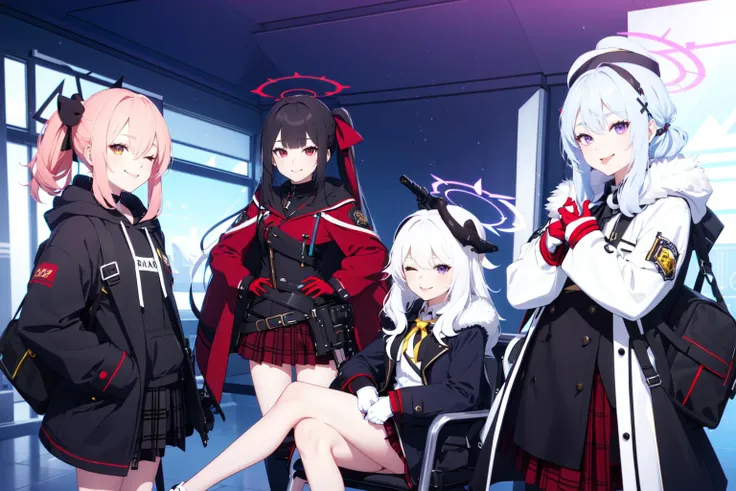 (masterpiece:1.2),best quality,PIXIV,blue archive,
mutsuki (blue archive),kayoko (blue archive),aru (blue archive),multiple girls,horns,skirt,weapon,halo,gun,4girls,black hair,white hair,multicolored hair,hood,hair ornament,long hair,white gloves,shirt,side ponytail,hat,gloves,white shirt,bag,one eye closed,red skirt,two-tone hair,long sleeves,hoodie,red eyes,hairclip,bangs,sitting,neck ribbon,looking at viewer,crossed legs,high-waist skirt,pink hair,coat,fur trim,garrison cap,ribbon,ponytail,jacket,smile,black skirt,plaid,rifle,plaid skirt,tongue out,purple eyes,red ribbon,chair,black hoodie,tongue,backpack,demon horns,closed mouth,hood down,sniper rifle,hands in pockets,yellow eyes,breasts,piercing,sidelocks,red hair,black headwear,holding,coat on shoulders,holding weapon,
<lora:blue archive-000018:0.8>,