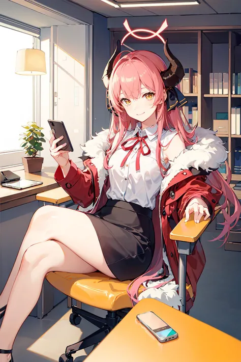 (masterpiece:1.2),best quality,PIXIV,blue archive,
1girl,aru (blue archive),solo,long hair,halo,phone,crossed legs,horns,pink hair,sitting,skirt,holding,shirt,white shirt,yellow eyes,black skirt,fur trim,bangs,corded phone,blinds,coat on shoulders,chair,long sleeves,neck ribbon,coat,indoors,ribbon,pen,holding phone,smile,red ribbon,office chair,jacket on shoulders,window,plant,jacket,fur-trimmed coat,cellphone,holding pen,desk,blunt bangs,breasts,pencil skirt,collared shirt,red coat,
<lora:blue archive-000018:0.8:SHUIMO BACKGROUND>,<lora:éå«é­äºç _v10:0.8>,