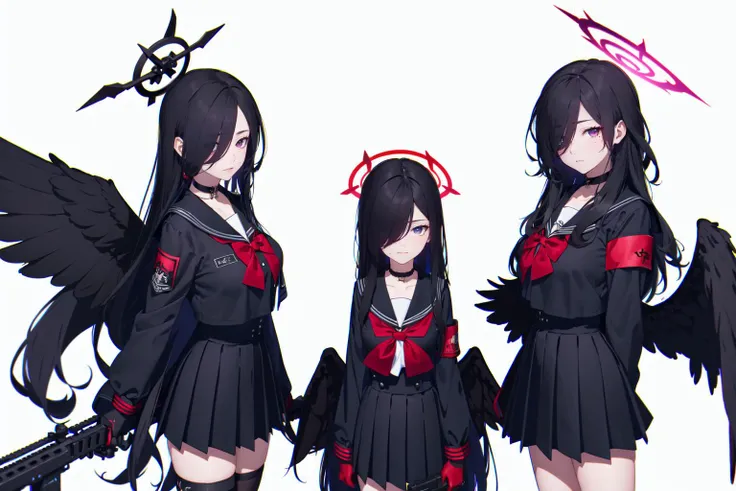 -multiple girls, weapon, 3girls, hasumi (blue archive), long hair, halo, skirt, school uniform, black hair, gun, wings, gloves, black wings, serafuku, breasts, red eyes, large breasts, rifle, black serafuku, holding weapon, sailor collar, short hair, armband, black skirt, very long hair, choker, long skirt, bangs, pleated skirt, purple eyes, holding, looking at viewer, holding gun, black gloves, hair between eyes, sniper rifle, feathered wings, anti-materiel rifle, bow, long sleeves, red bow, mole under eye, black choker, bowtie, mole, closed mouth, large wings, low wings, red necktie, hair over one eye, necktie, thighhighs, red bowtie, standing,blue archive,<lora:blue archive-000018:0.8>,