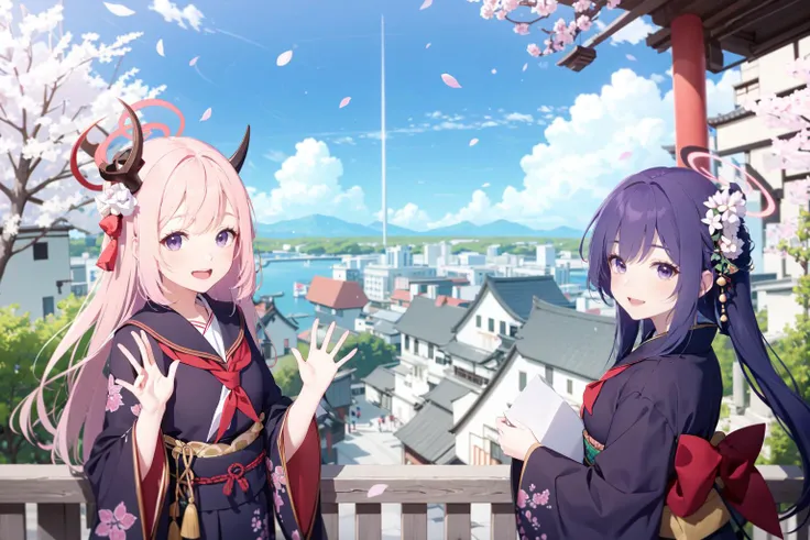 -halo, waving, long hair, outdoors, multiple girls, japanese clothes, lantern, cherry blossoms, kimono, east asian architecture, holding, architecture, paper lantern, smile, day, looking at viewer, red neckerchief, sky, neckerchief, bangs, open mouth, purple hair, multiple boys, wide sleeves, cloud, :d, horns, parted bangs, petals, building, brown hair, skirt, blue sky, purple eyes, sailor collar, long sleeves,blue archive,<lora:blue archive-000018:0.8>,