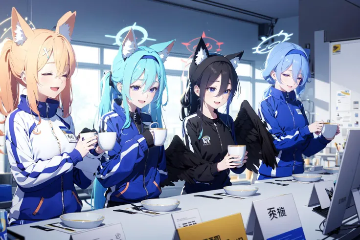 -hasumi (blue archive), multiple girls, hasumi (gym uniform) (blue archive), mari (blue archive), halo, official alternate costume, animal ears, gym uniform, jacket, cup, yuuka (blue archive), wings, blue hair, long hair, >_<, 4girls, holding, ako (blue archive), black hair, ponytail, black wings, track jacket, shirt, hairband, red eyes, hair flower, food, holding cup, flower, closed eyes, hair ornament, low wings, bangs, smile, hair between eyes, purple eyes, blue eyes, open mouth, breasts, long sleeves, indoors, feathered wings, cookie, sitting, fox ears, blonde hair, id card, animal ear fluff,blue archive,<lora:blue archive-000018:0.8>,