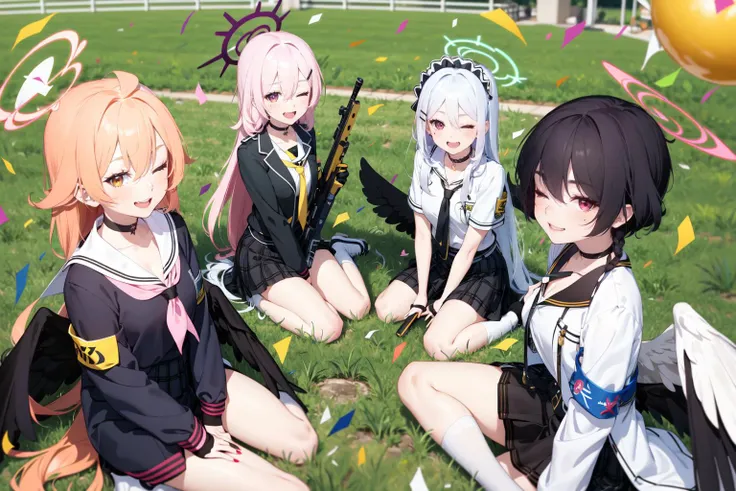 -multiple girls, skirt, smile, red eyes, shirt, purple eyes, ahoge, halo, jacket, gloves, sitting, long hair, 4girls, pink hair, grass, necktie, collared shirt, bangs, looking at viewer, gun, long sleeves, white shirt, school uniform, white hair, braid, black skirt, pleated skirt, black gloves, one eye closed, weapon, blush, wings, black hair, horns, socks, armband, neru (blue archive), plaid, breasts, mole, plaid skirt, hair ornament, holding, sailor collar, serafuku, mole under eye, very long hair, grin, closed mouth, fingerless gloves, confetti, outdoors, open mouth, hairclip, from above, yellow eyes, parted bangs, holding gun, open clothes, maid headdress, single braid, orange hair, miniskirt, black jacket, safety pin, hina (blue archive), open jacket, hair between eyes, choker, black wings, fang, holding weapon, fur trim, ;d, blunt bangs, wariza, cleavage, nail polish, low wings, black shirt, neckerchief, indian style, uniform,blue archive,<lora:blue archive-000018:0.8>,