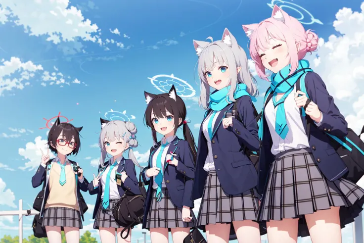 -nonomi (blue archive), hoshino (blue archive), shiroko (blue archive), multiple girls, animal ears, halo, 5girls, skirt, id card, jacket, long hair, gloves, closed eyes, black hair, school uniform, necktie, plaid skirt, shirt, pointy ears, scarf, grey hair, pink hair, hair ornament, twintails, blue eyes, glasses, armband, cat ears, plaid, bag, extra ears, white shirt, ahoge, red eyes, smile, blue necktie, red-framed eyewear, animal ear fluff, fang, hair bun, short hair, open jacket, single hair bun, outdoors, sky, pleated skirt, open clothes, mismatched pupils, long sleeves, collared shirt, cross hair ornament, blazer, bangs, blue scarf, wolf ears, lanyard, off shoulder, open mouth, ^_^, school bag, breasts, fingerless gloves, ribbon, shirt tucked in, single side bun, very long hair,blue archive,<lora:blue archive-000018:0.8>,