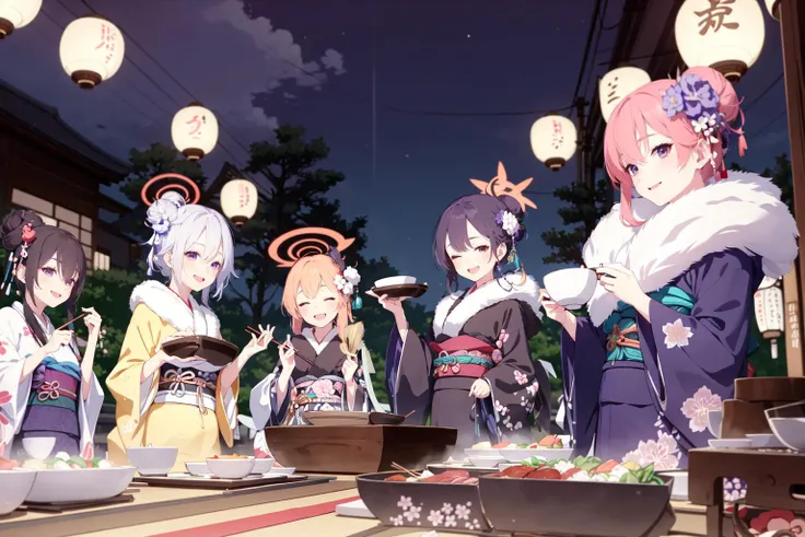 -kimono, multiple girls, japanese clothes, hair ornament, red hair, food, sash, obi, horns, red eyes, holding, flower, chopsticks, hair flower, 6+girls, halo, long hair, official alternate costume, grey hair, fireworks, cup, hair bun, mutsuki (blue archive), smile, aru (blue archive), holding chopsticks, open mouth, night, kayoko (blue archive), plate, purple eyes, wide sleeves, bangs, paper lantern, yellow kimono, blush, bowl, blonde hair, ahoge, black hair, outdoors, black kimono, lantern, closed eyes, blurry, looking at viewer, one eye closed, :d, red kimono, fur trim, twintails, blurry background, 5girls, hair between eyes, purple kimono, white hair, festival, holding cup, blue kimono, pink hair, hand fan, long sleeves, fur-trimmed kimono, sushi, purple hair, floral print, yukata, fur collar, single hair bun, sakazuki, holding plate,blue archive,<lora:blue archive-000018:0.8>,